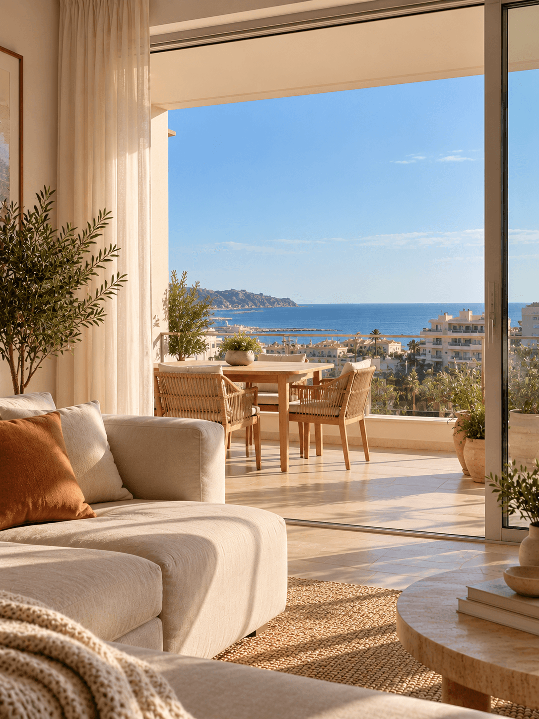 Salón y terraza con vistas al mar